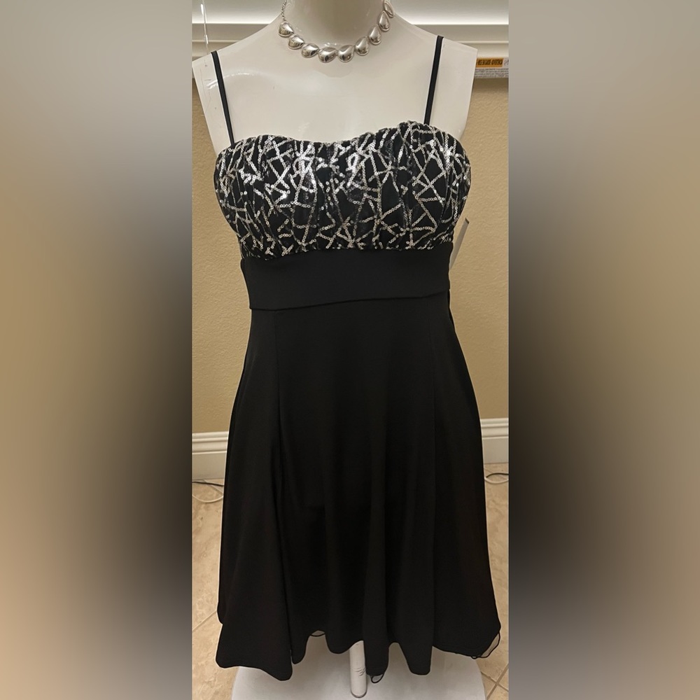 BEAUTIFUL SILVER AND BLACK DRESS. GREAT 4 PROM, HOMECOMING…ETC.  EXCELLENT COND.